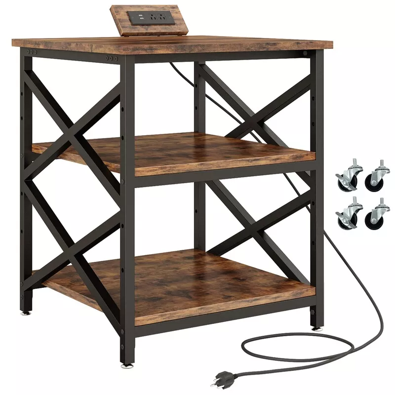 3-Tier Rolling Printer Cart with Power Outlet & Adjustable Shelf Rustic Brown