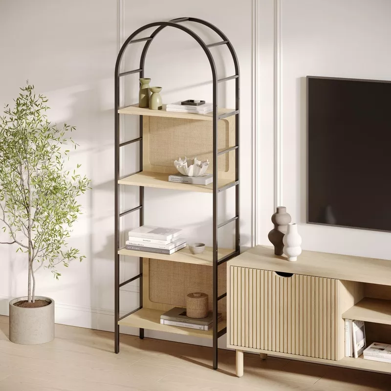 4-Tier Arched Bookshelf with Rattan Backing