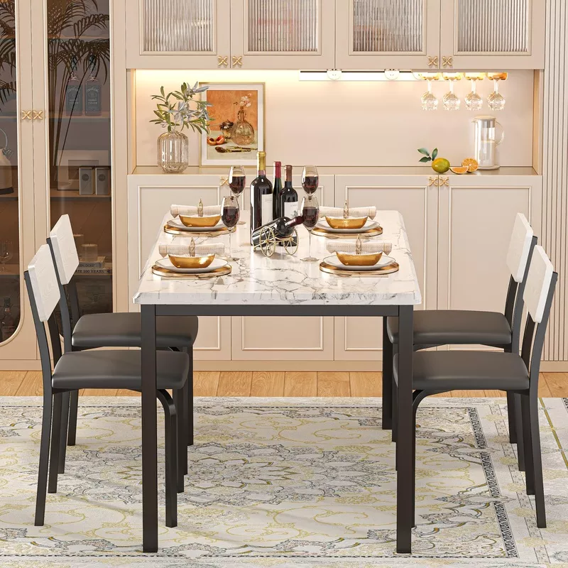 5-Piece Extendable Dining Table Set with 4 Upholstered Chairs Marble White