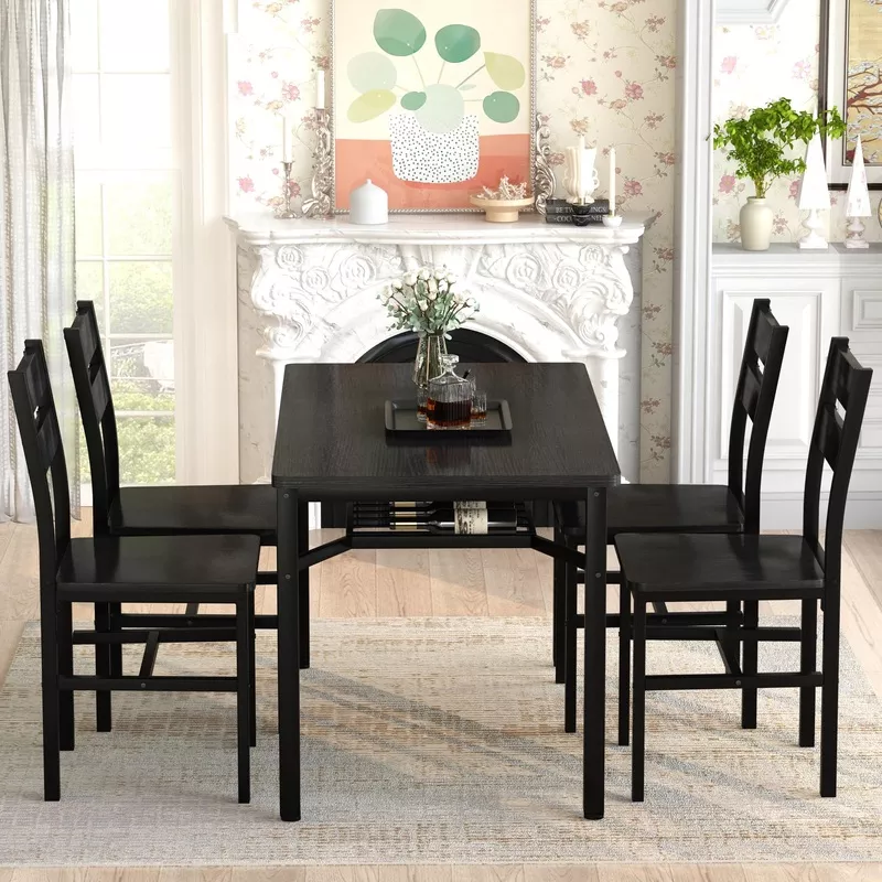 5-Piece Wood Dining Table Set with Storage Shelf Black