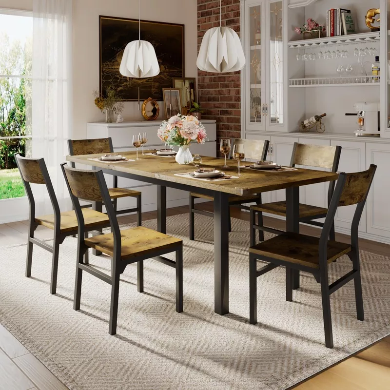 7-Piece Extendable Dining Table Set with 6 Chairs Rustic Brown