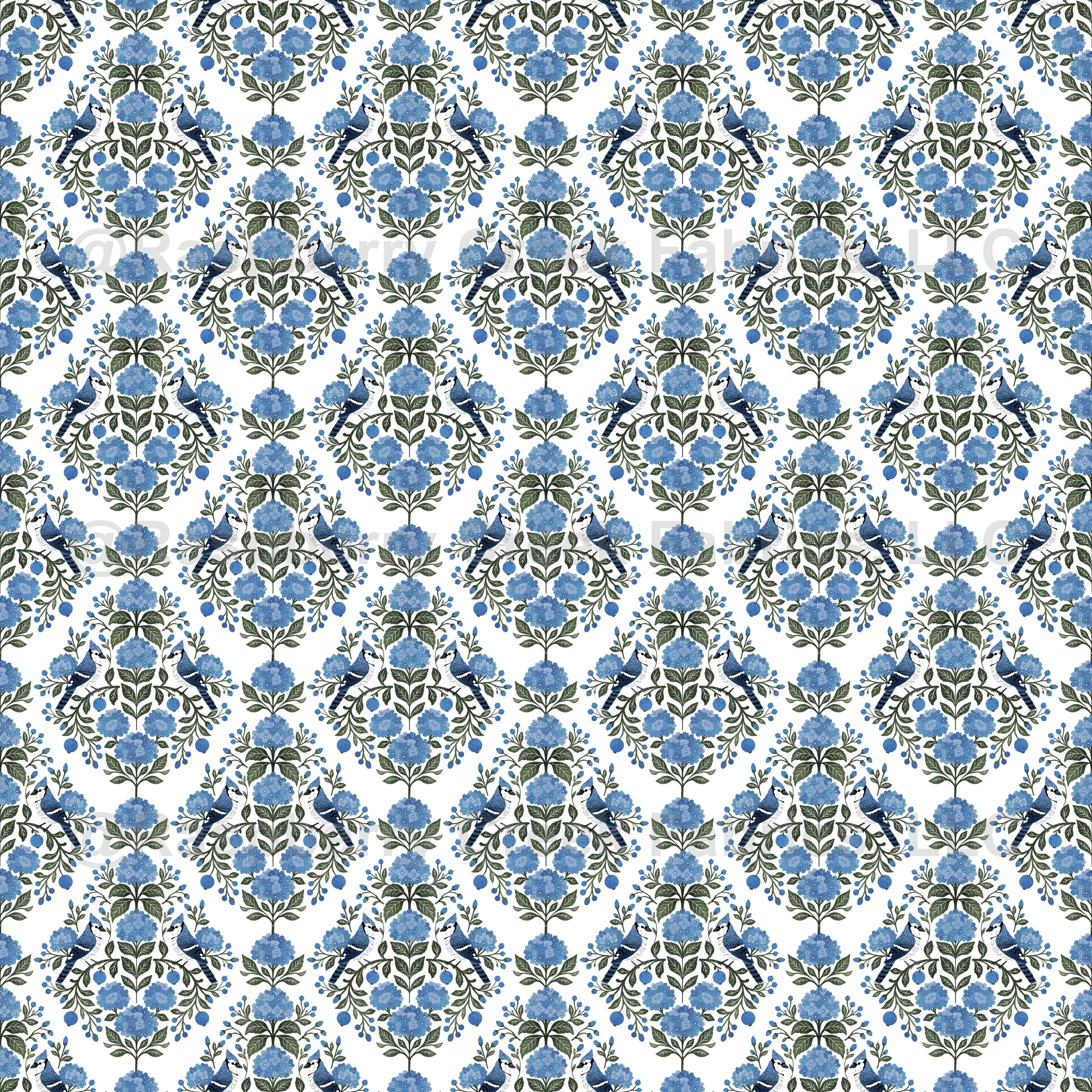Blue Jay & Hydrangea Folk Art in White