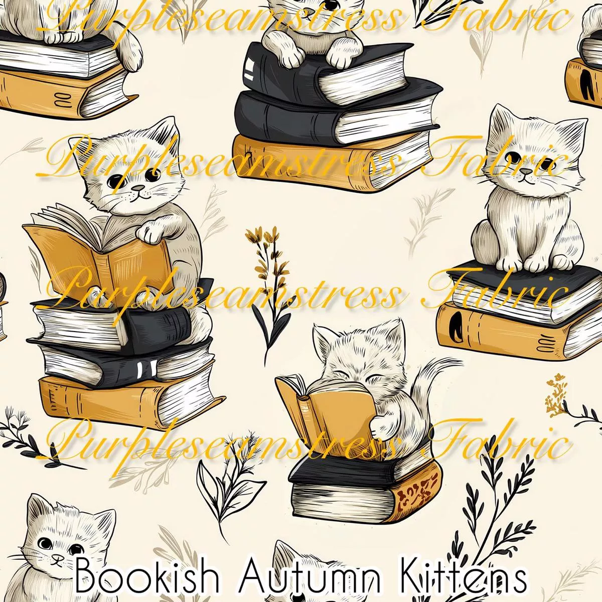 Bookish Autumn KittensFabric