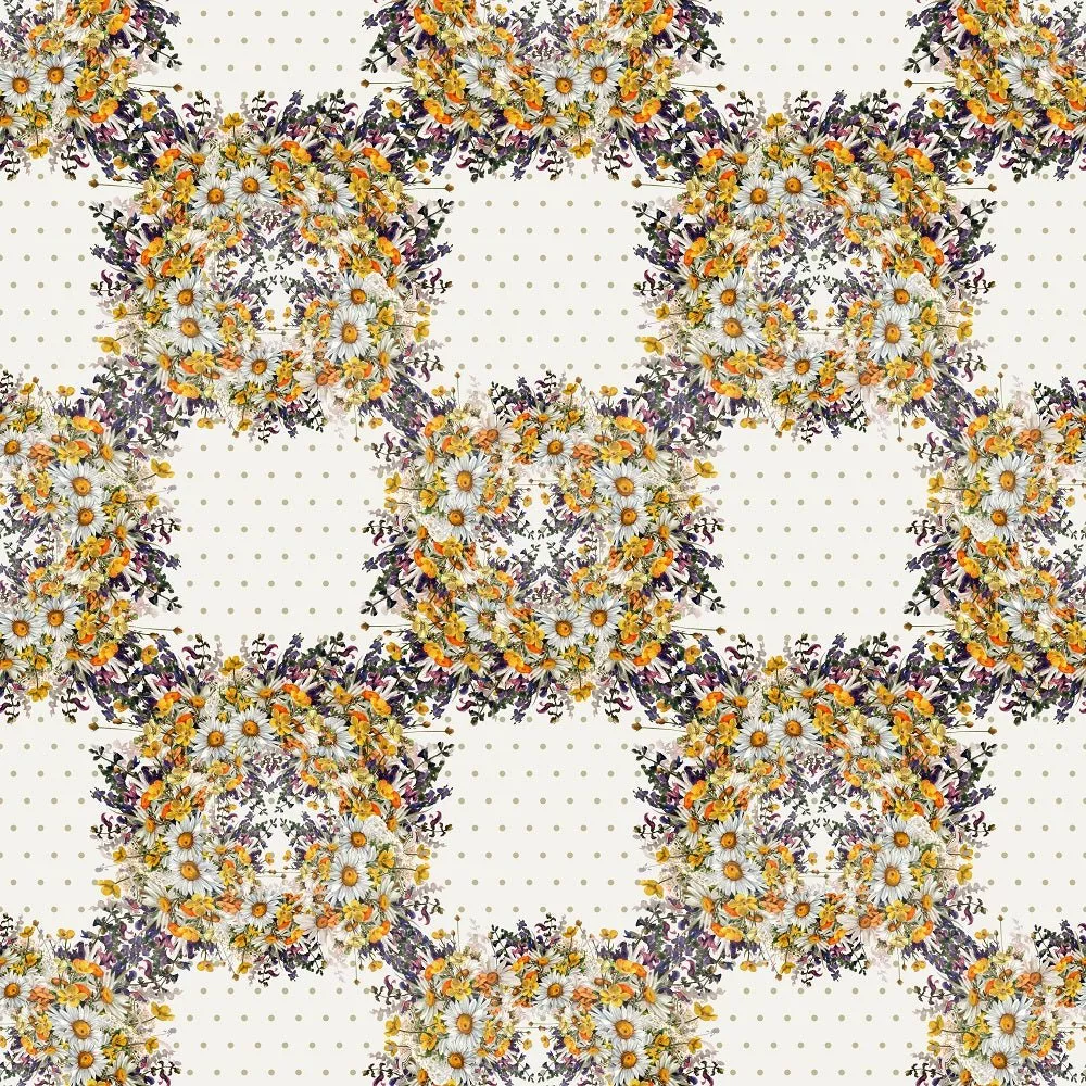 Chamomile Square Bouquets on Dots Fabric