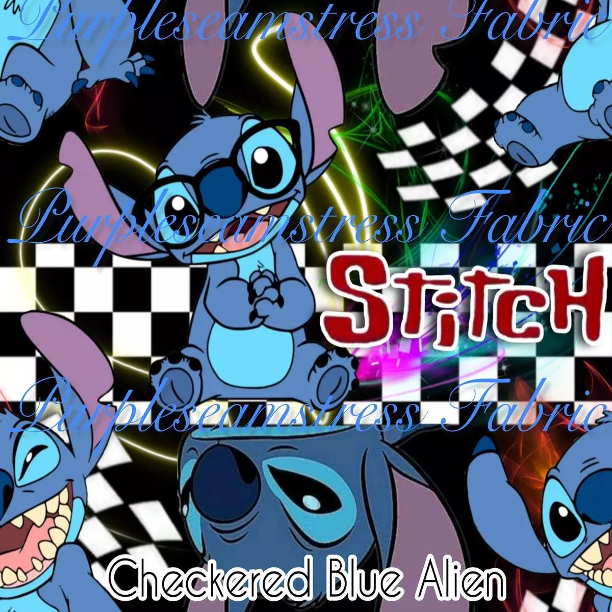 Checkered Blue AlienFabric