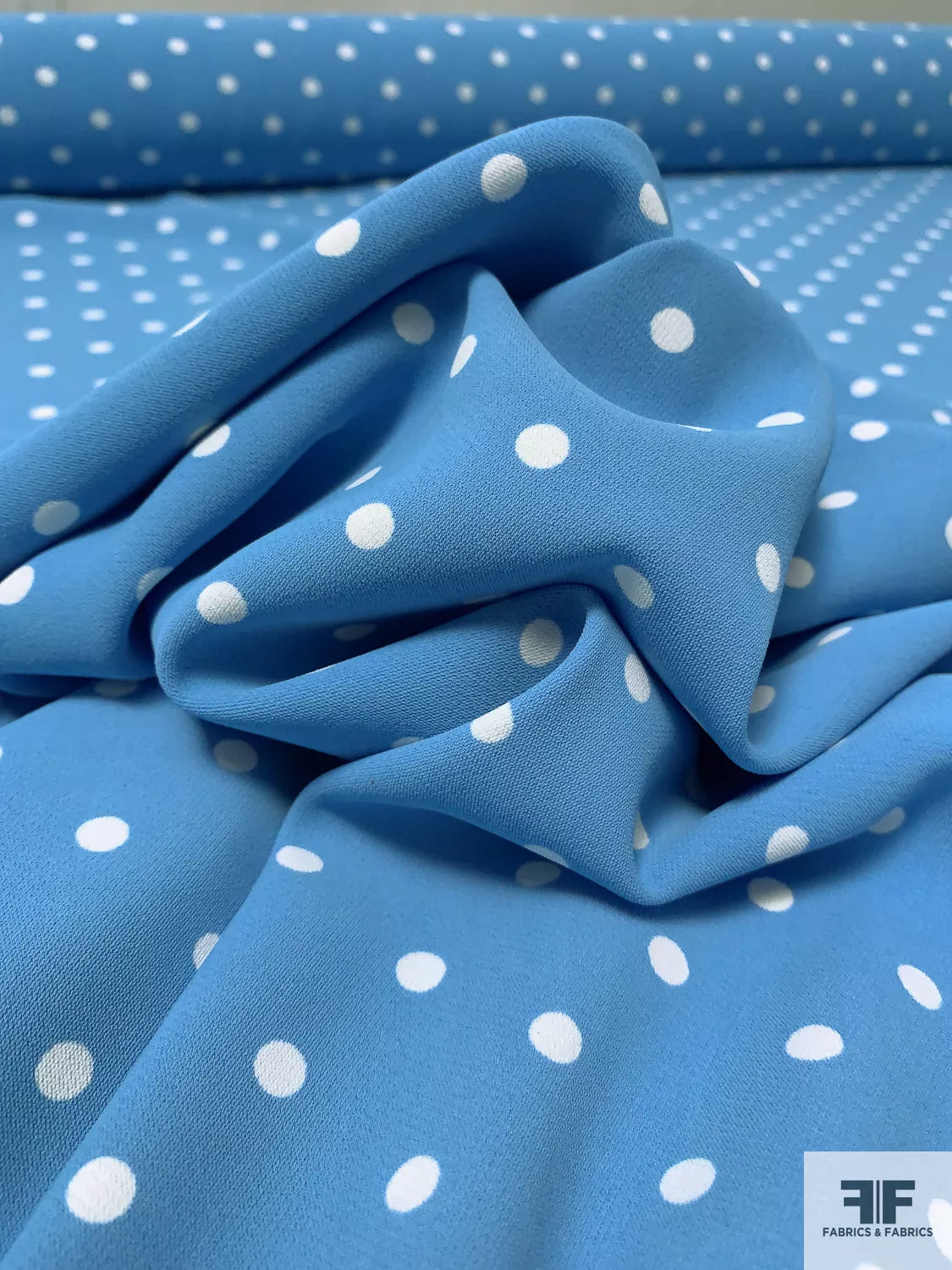 Classic Polka Dot Printed Polyester Crepe Panel – Sky Blue / White