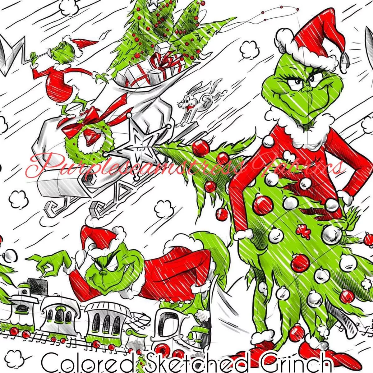 Colored Sketched GrinchFabric