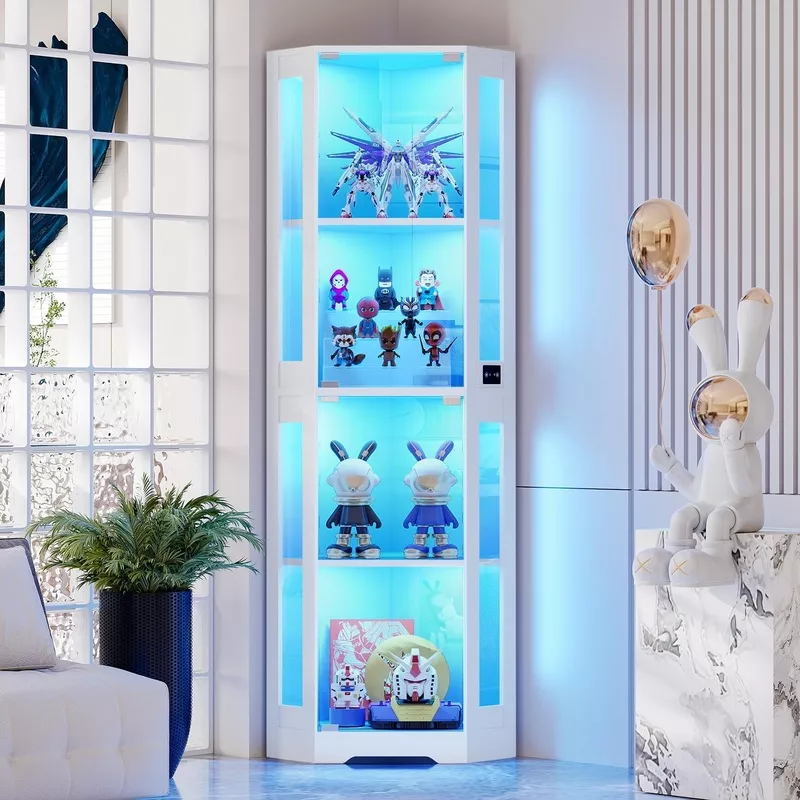 Corner Glass Display Cabinet with LED Lights White