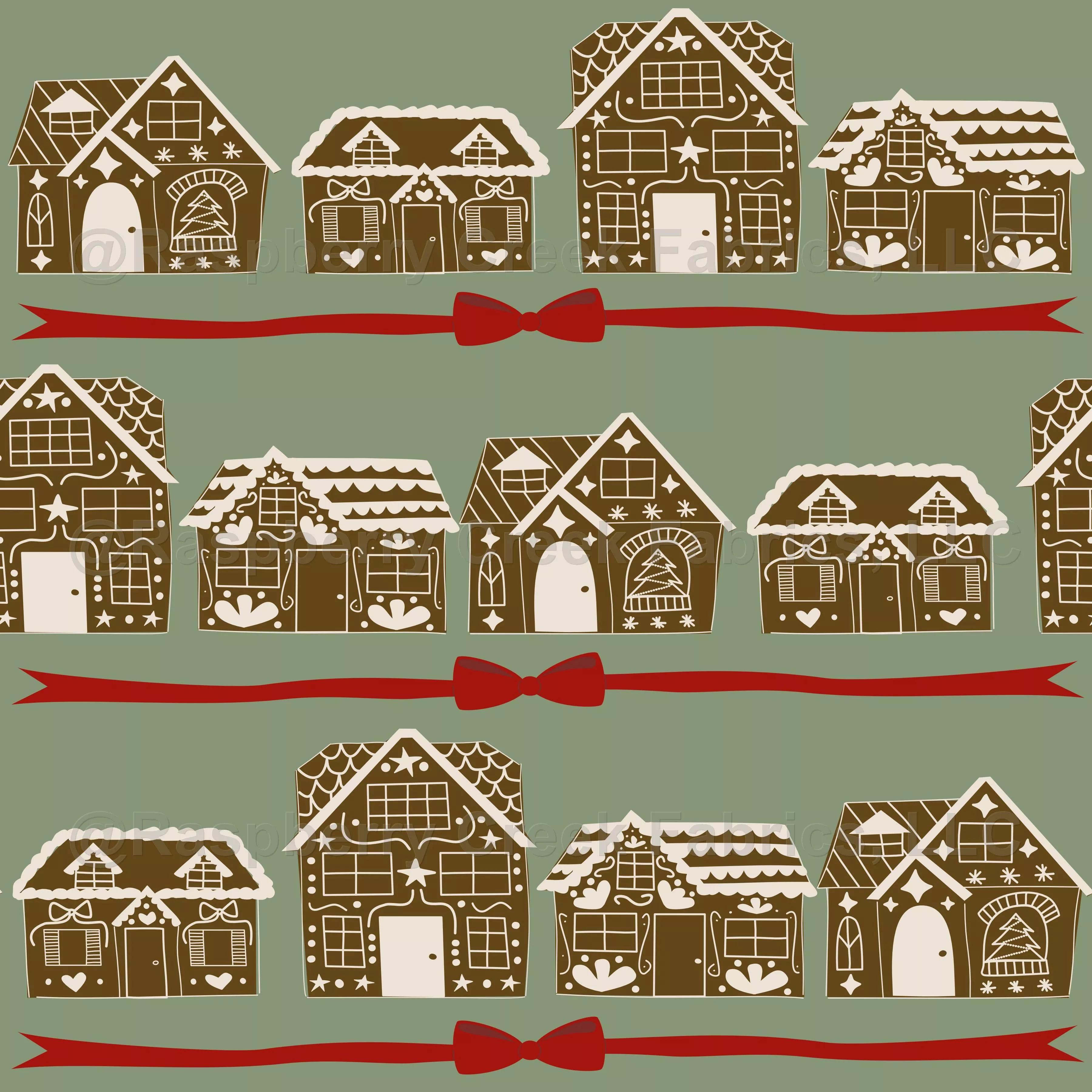Dark Brown Gingerbread House Rows with Red Bows
