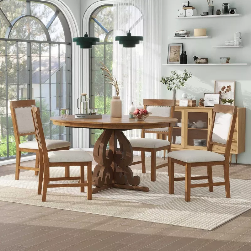 Extendable Round Dining Table Set for 4-6 with Upholstered Chairs Walnut