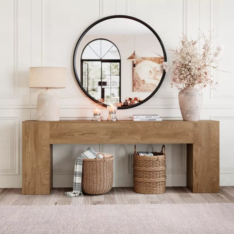 Extra Long Console Table 86-Inch Farmhouse Entryway Sofa Table Natural Oak Brown
