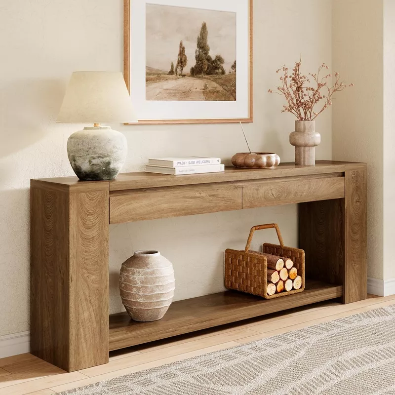 Extra Long Console Table with 2 Drawers & Open Shelf Brown