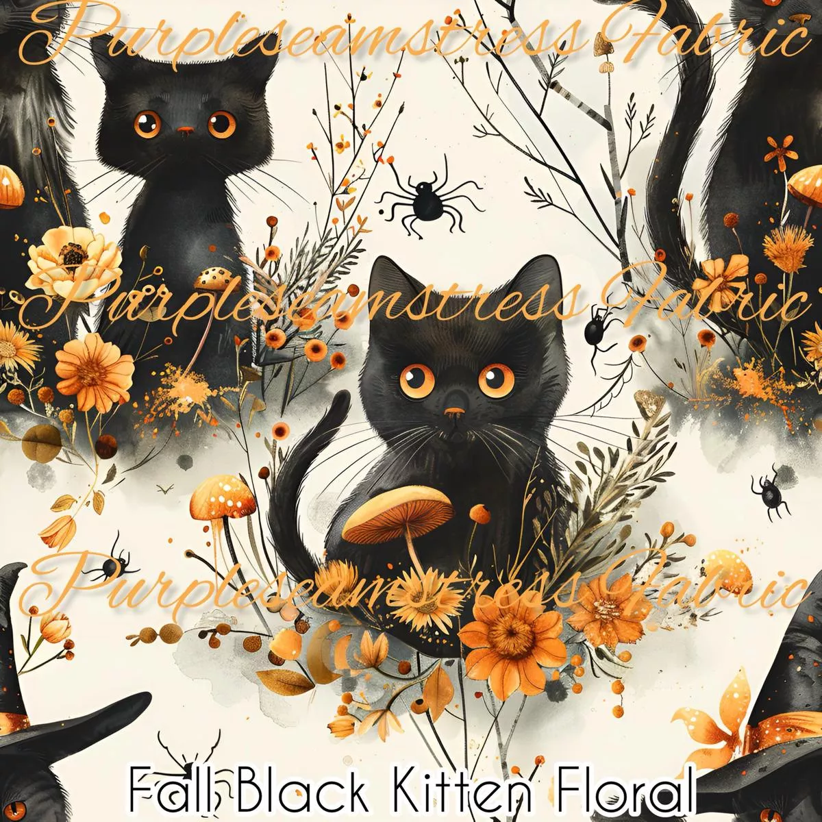 Fall Black Kitten FloralFabric