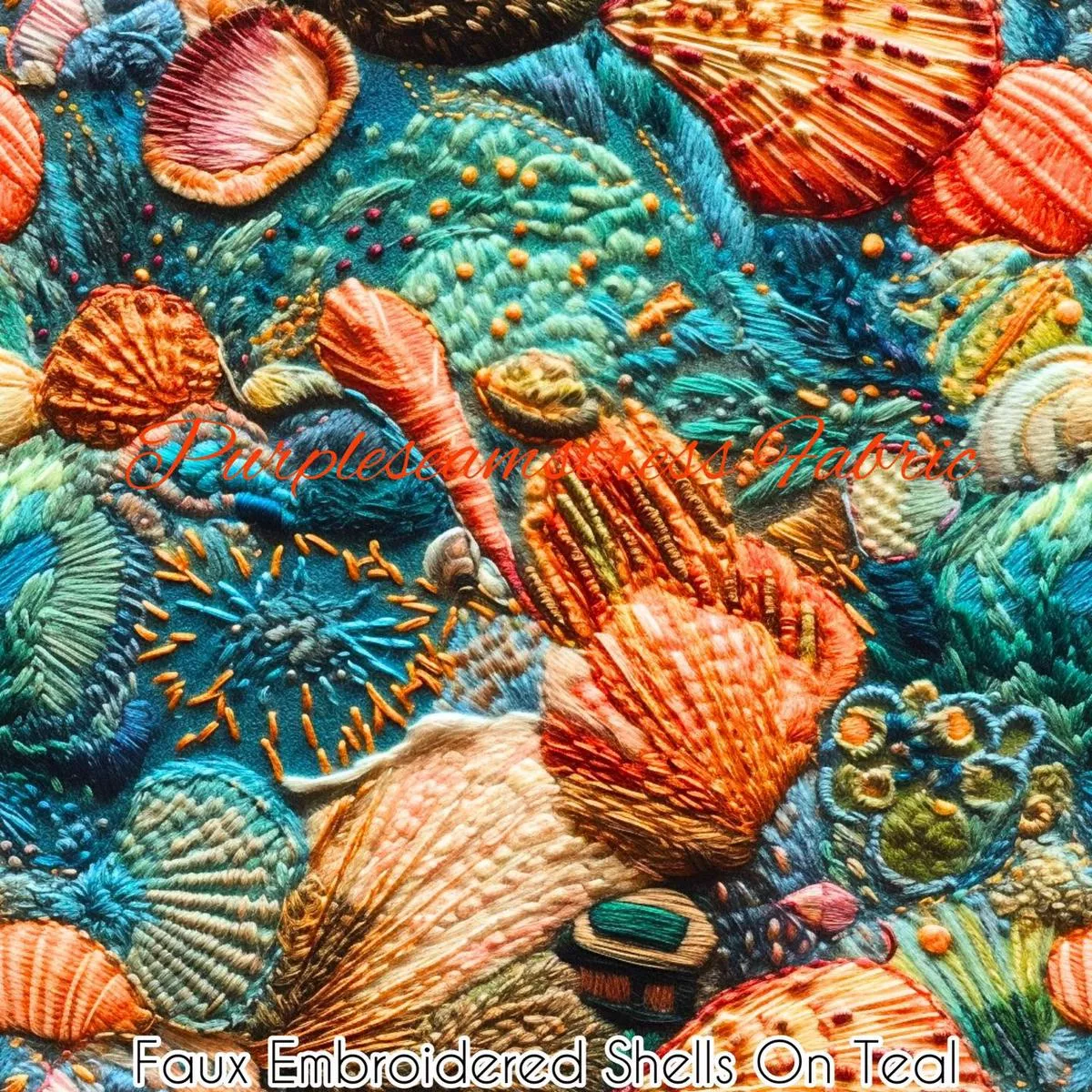 Faux Embroidered Seashells on Teal …