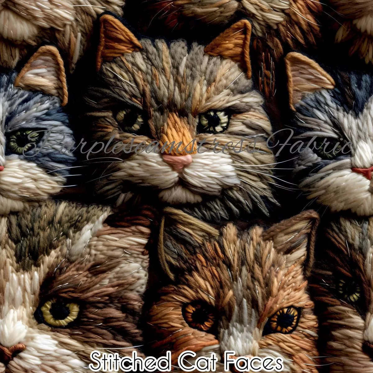 Faux Stitched Cat FacesFabric