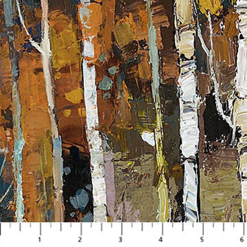 First Snow Birch Trees Rust Multi losif Derecichei Northcott Cotton Fabric NC-DP28092-37