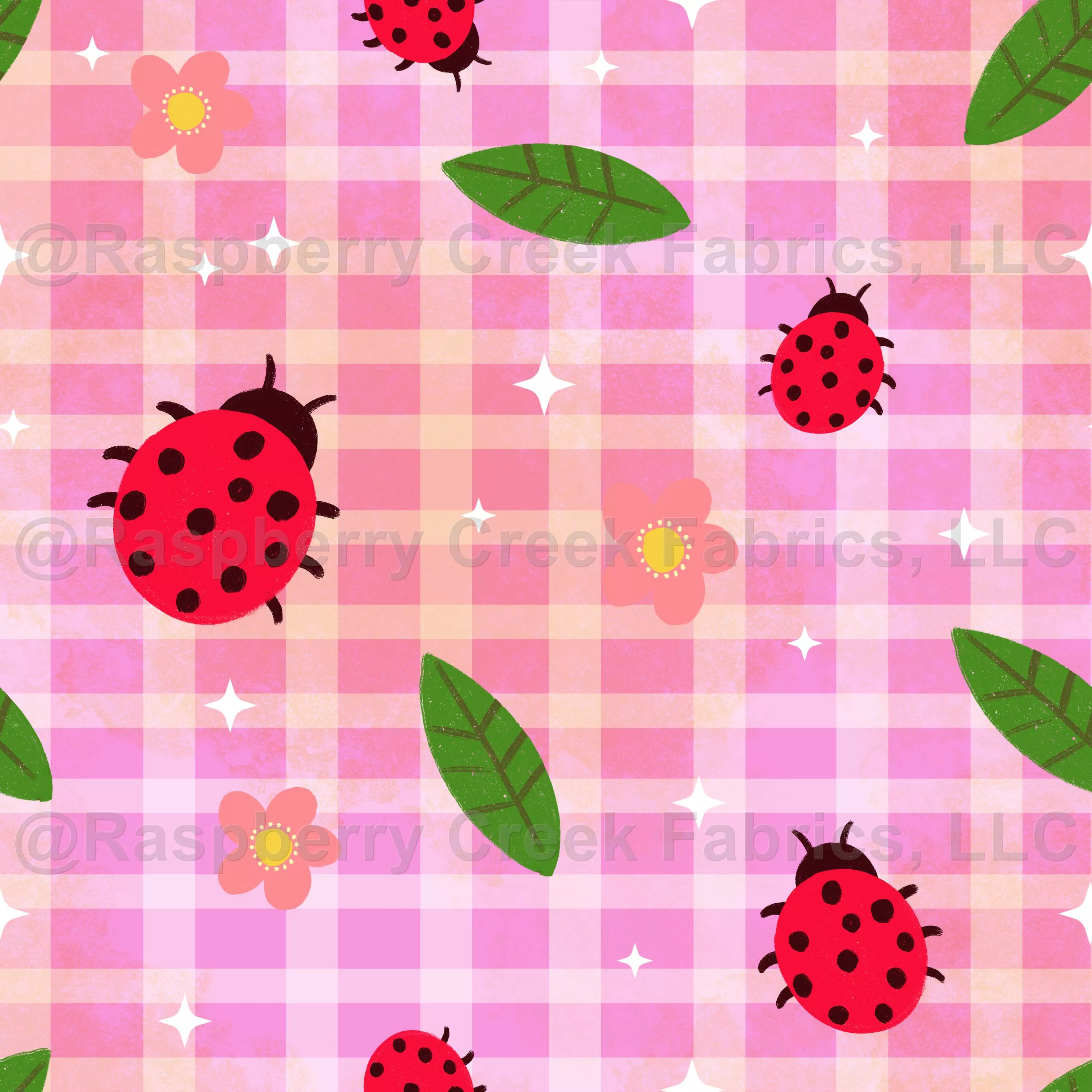 Floral Ladybug Seamless Pattern on Checkered Pink