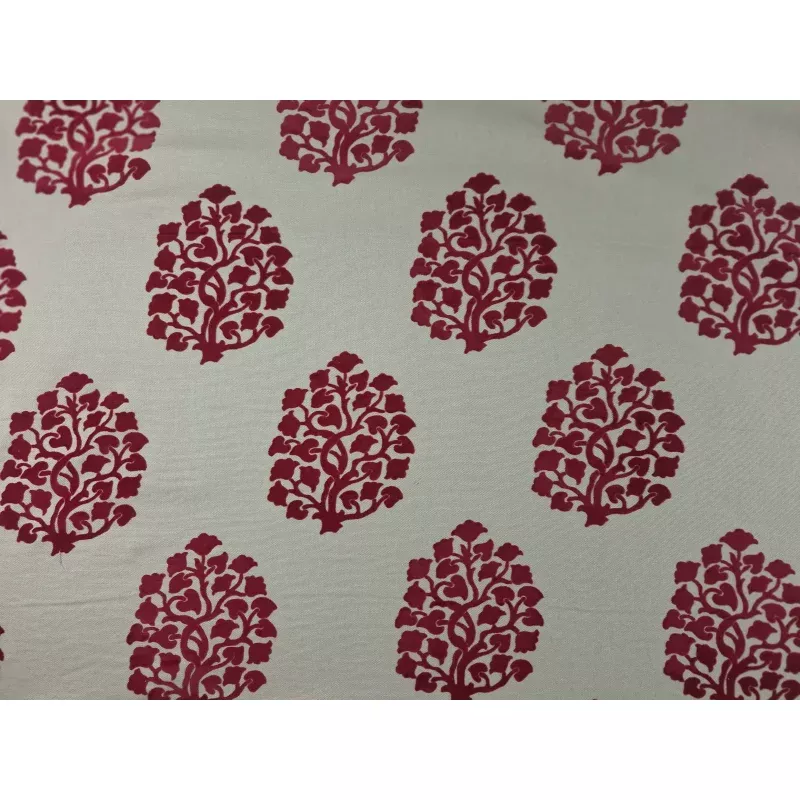 Foliate Scroll Flocked Velvet Fabric in Ruby