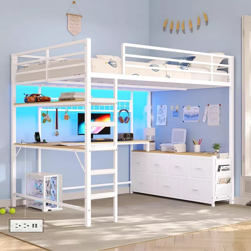 Full Size Loft Bed with Desk & Storage White