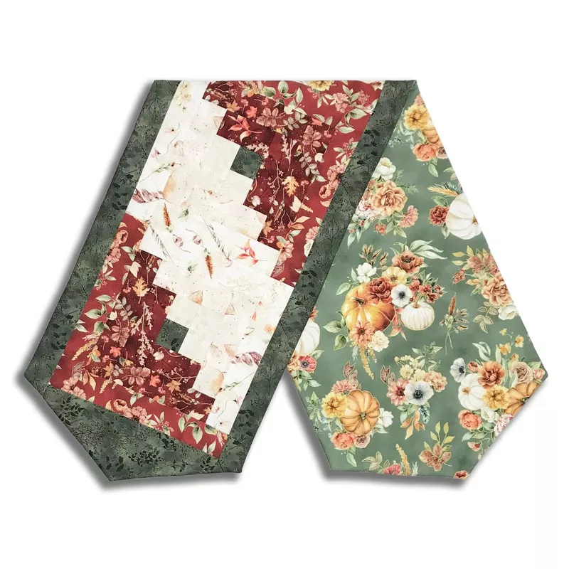 Fully FINISHED Log Cabin Table Runner – Harvest Bouquet – Maroon –