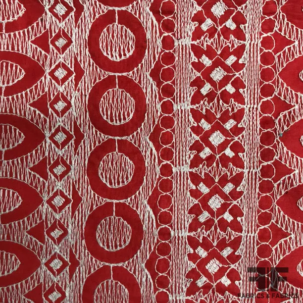 Geometric Embroidered Cotton – Red/White