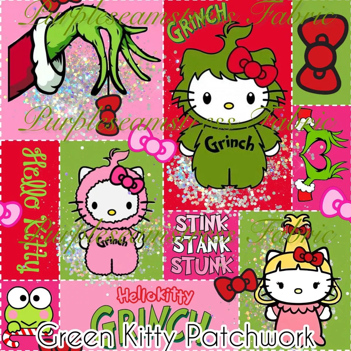 Green Kitty PatchworkFabric