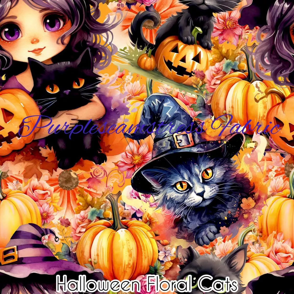 Halloween Floral CatsFabric