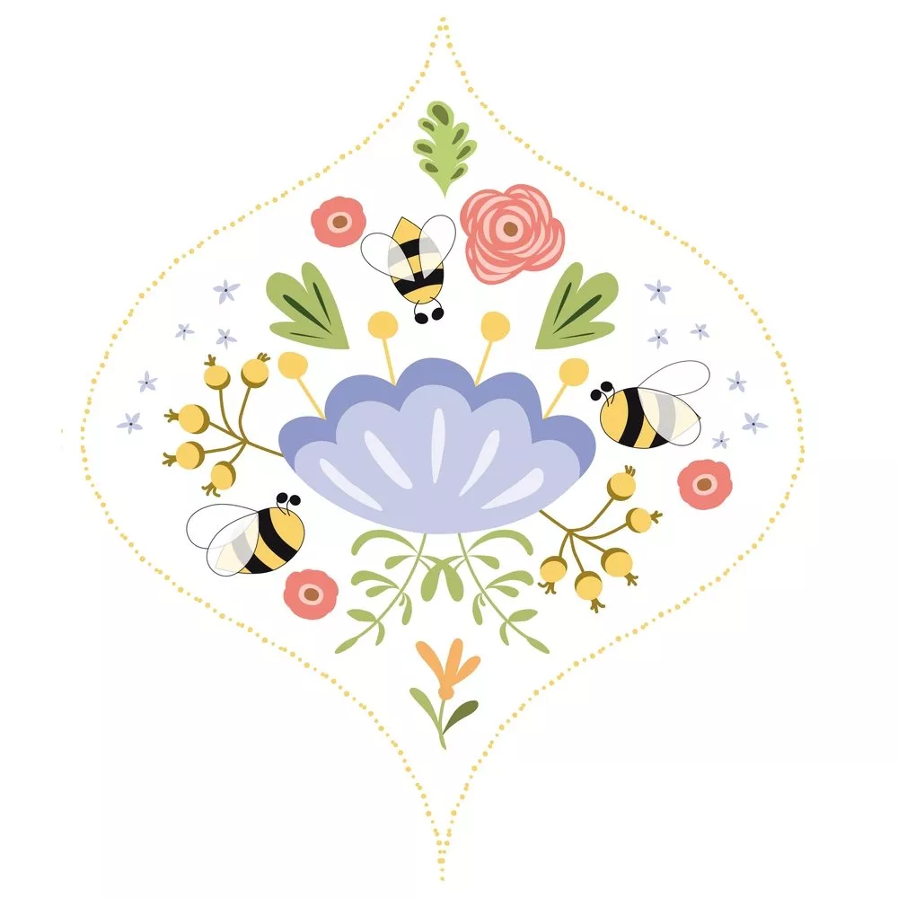 Honey Bees & Florals Damask Fabric Panel