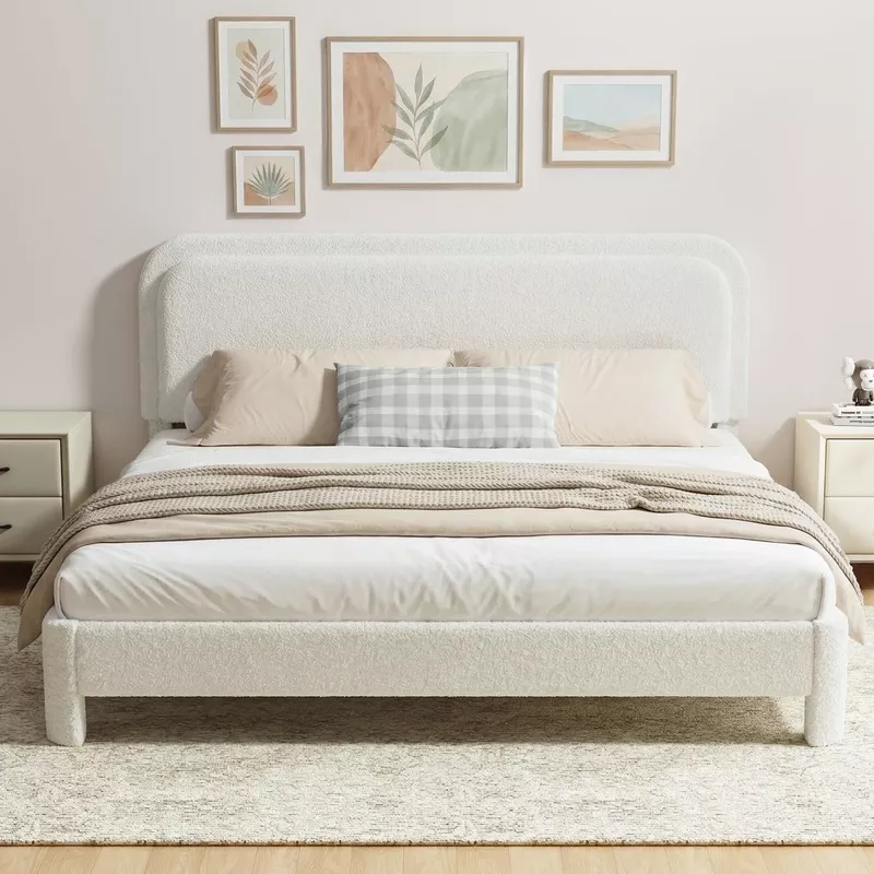 King Size Boucle Upholstered Bed Frame Beige
