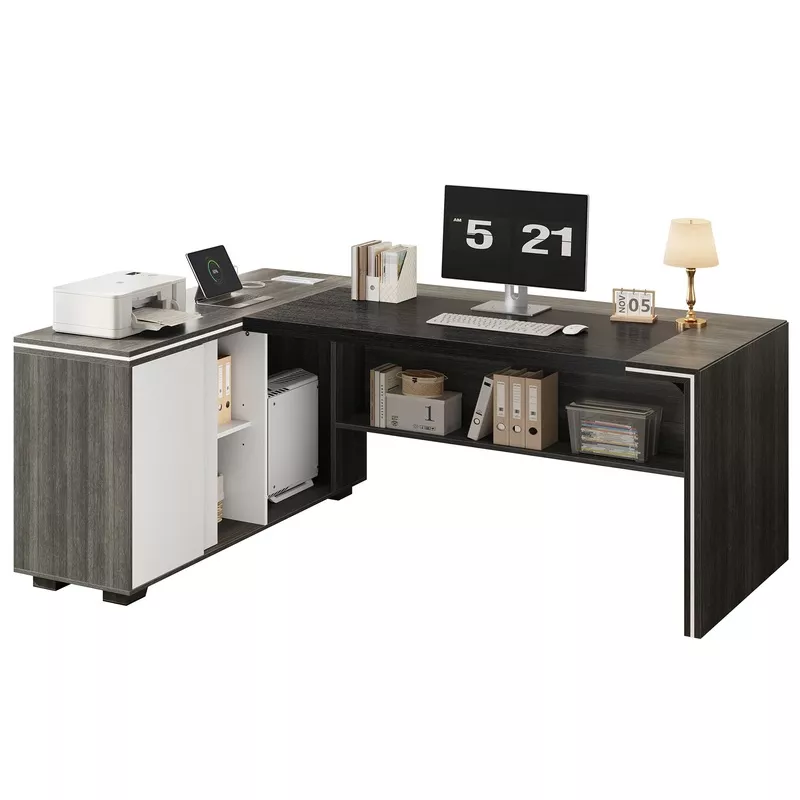 L-Shaped Executive Desk with Cabinet Storage Grey