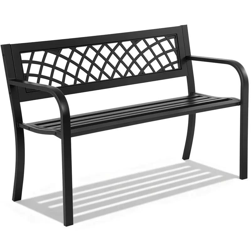 Metal Outdoor Garden Bench with Grid Pattern Backrest