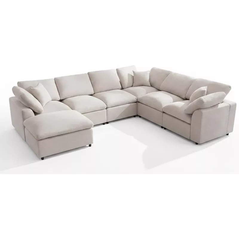 Modular Sectional Sofa 7-Seater L-Shaped with Ottoman Beige