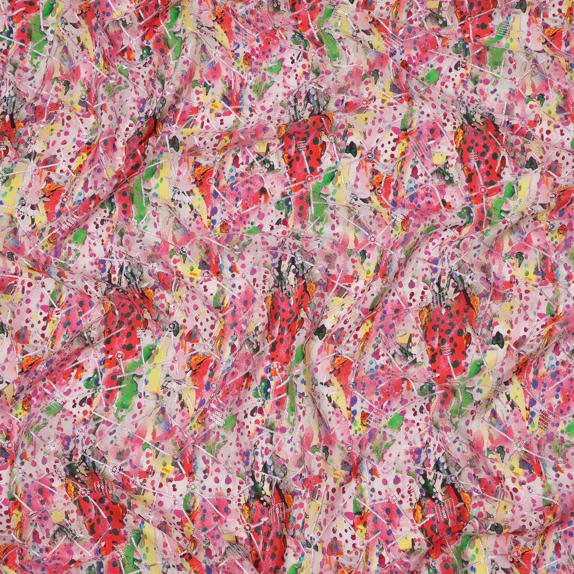 Multicolor Abstract Splatter and Dot Print Viscose Crepe Fabric, 110 Cms Width, Made in India-D23603