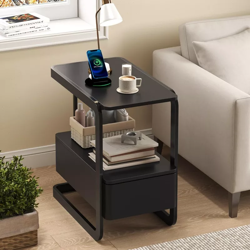 Narrow Side Table with Drawer and Open Shelf Black