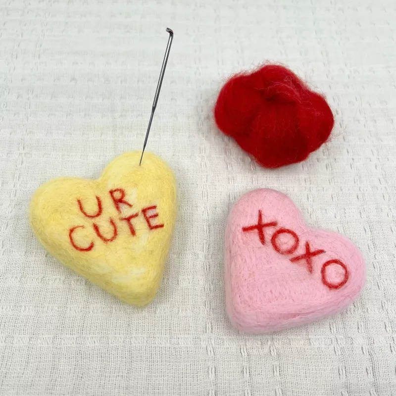 Needle Felted Conversation Hearts