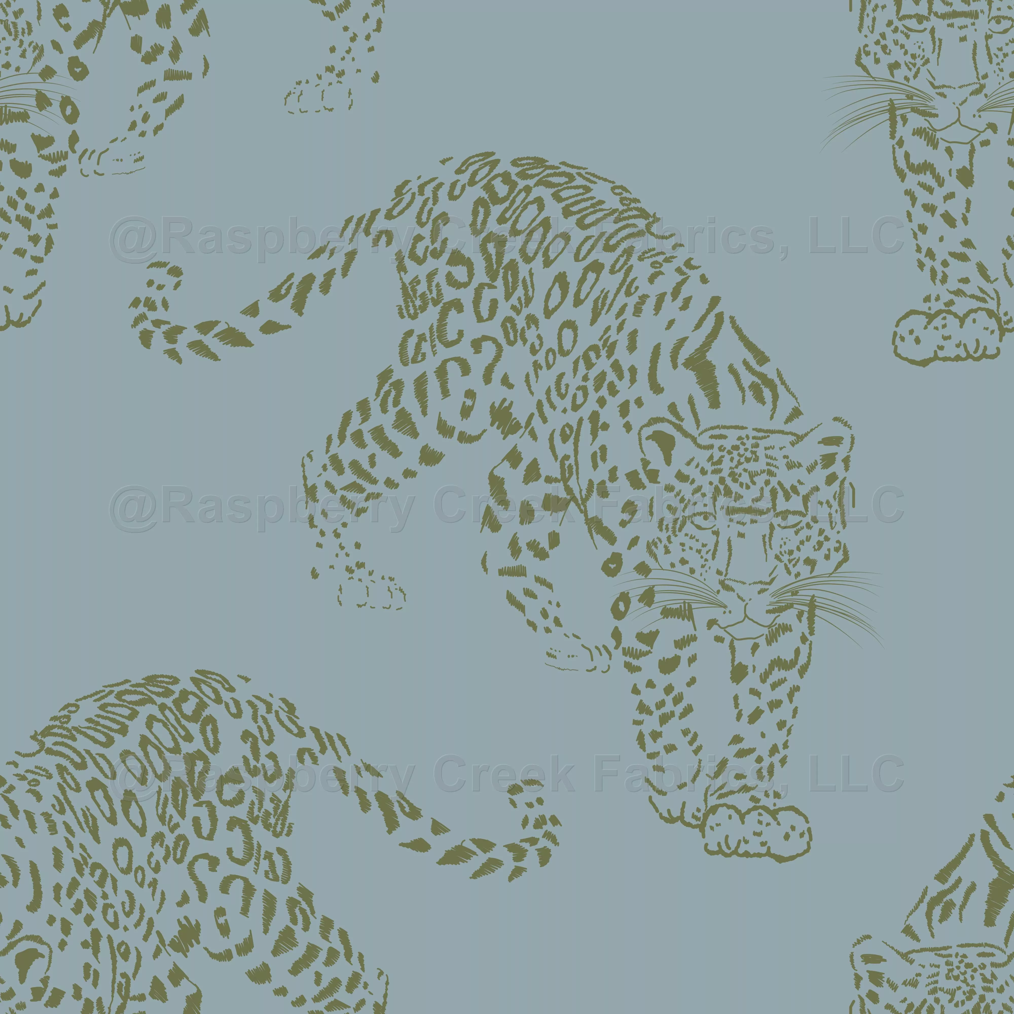 Olive Walking Leopards on Blue Grey