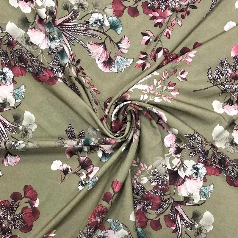 Pink Floral on Beige Stretch Polyester Fabric