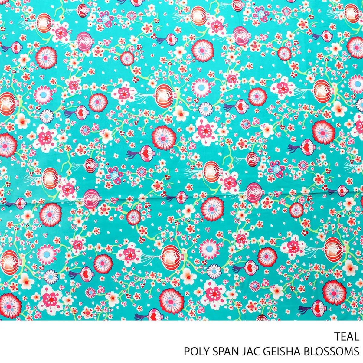 POLY SPAN JAC GEISHA BLOSSOMS FABRIC TEAL