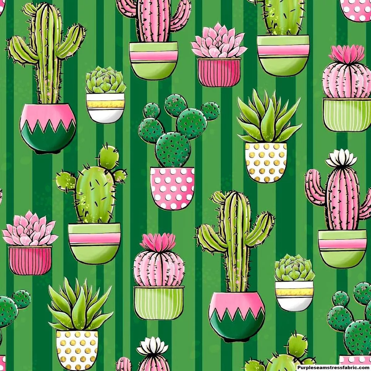Potted Cacti on StripesFabric