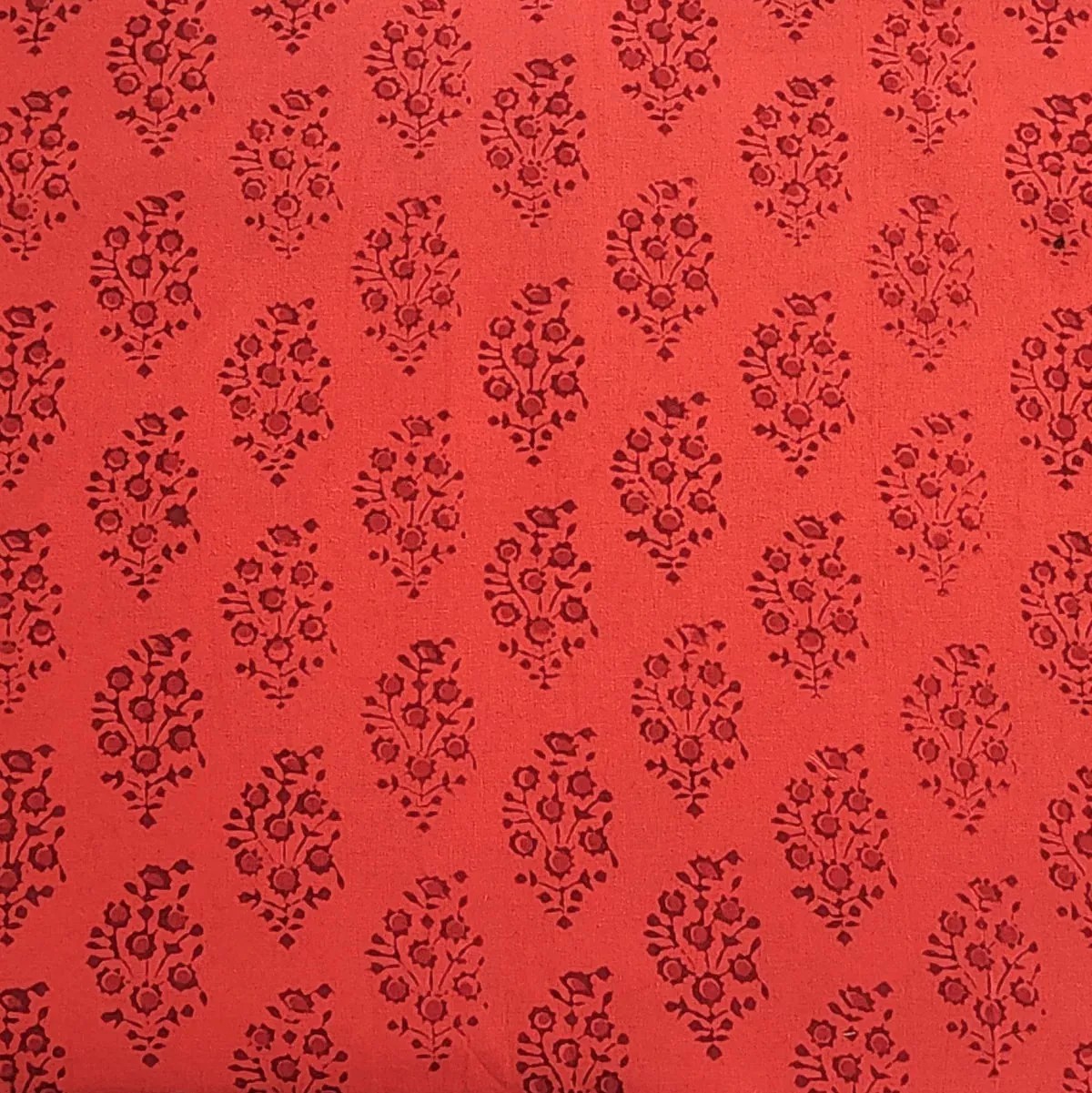 (Pre-Cut 0.80 Meter) Pure Cotton Gamthi Dark Orange With Maroon Intricate Flower Motif Hand Block Print Fabric