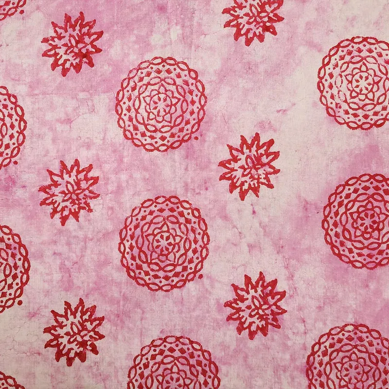 ( PRE-CUT 0.90 METER ) Pure Cotton Dabu Pink Flower And Chakar Hand Block Print Fabric