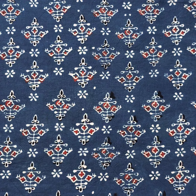 (PRE-CUT 1.20 METER)Pure Cotton Ajrak Blue With Red Intricate Design Hand Block Print Fabric