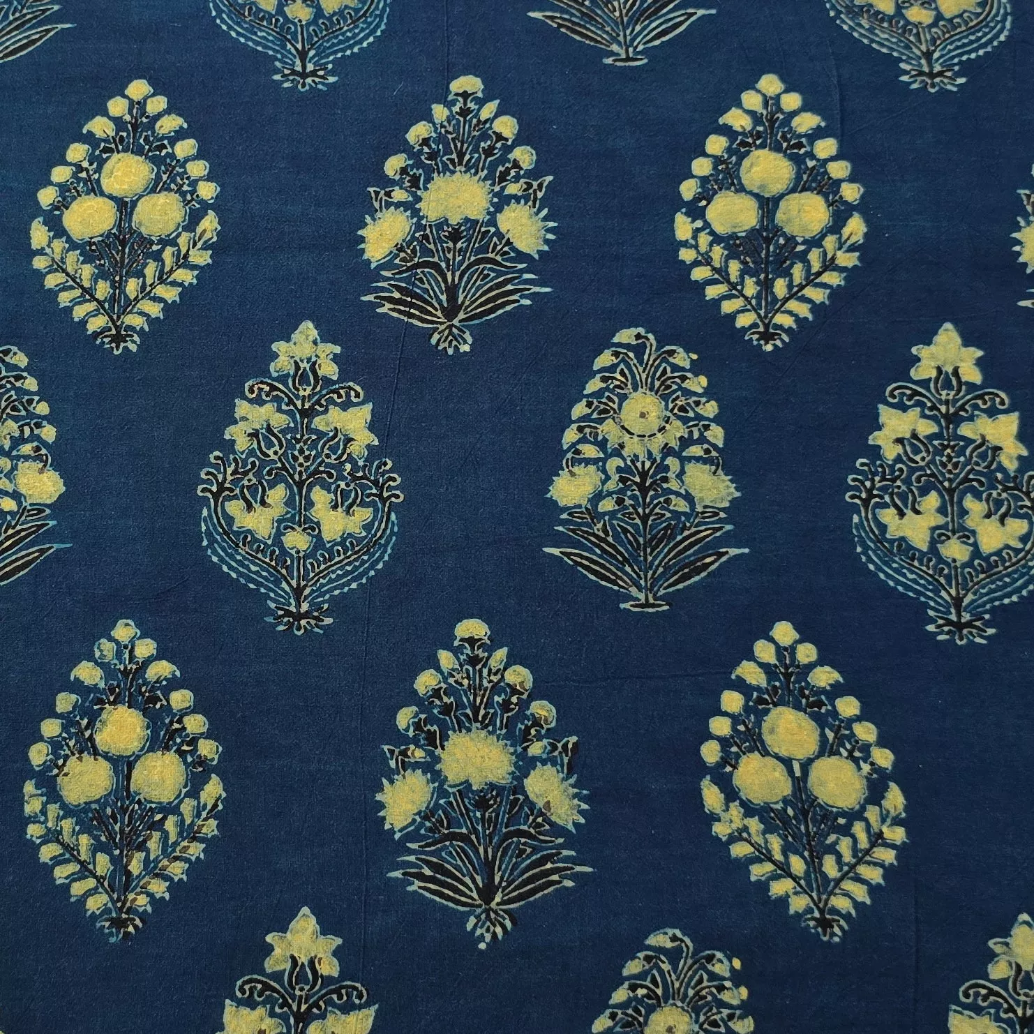 ( Pre-Cut 1.25 Meter ) Pure Cotton Gad AjrakRust Blue With Rust GreenFlower Motif Hand Block Print Fabric