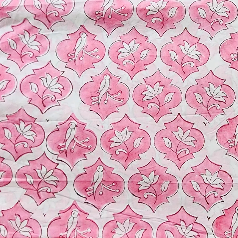 ( PRE-CUT 1.50 CM ) Pure Cotton Jaipuri White With White Lotus And Bird And Pink Motif Hand Block Print Fabric