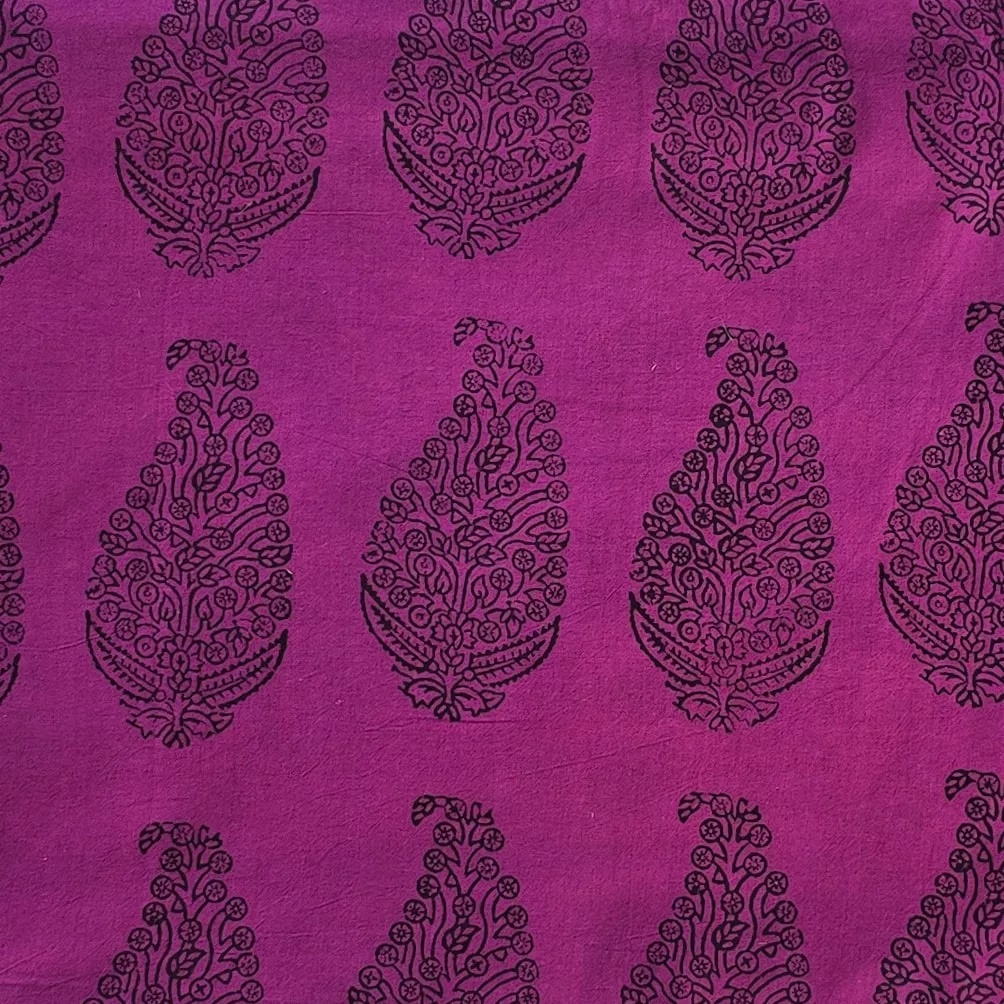 (PRE-CUT 1.60 METER) Pure Cotton Bagh Mulberry Purple With Black Kairi Motif And Border Hand Block Print Fabric