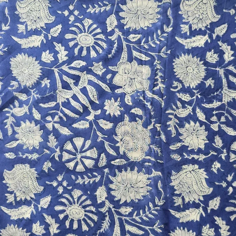 (PRE-CUT 1.70 METER) Pure Cotton Jaipuri Blue With White ConeFlower Jaal Hand Block Print Fabric