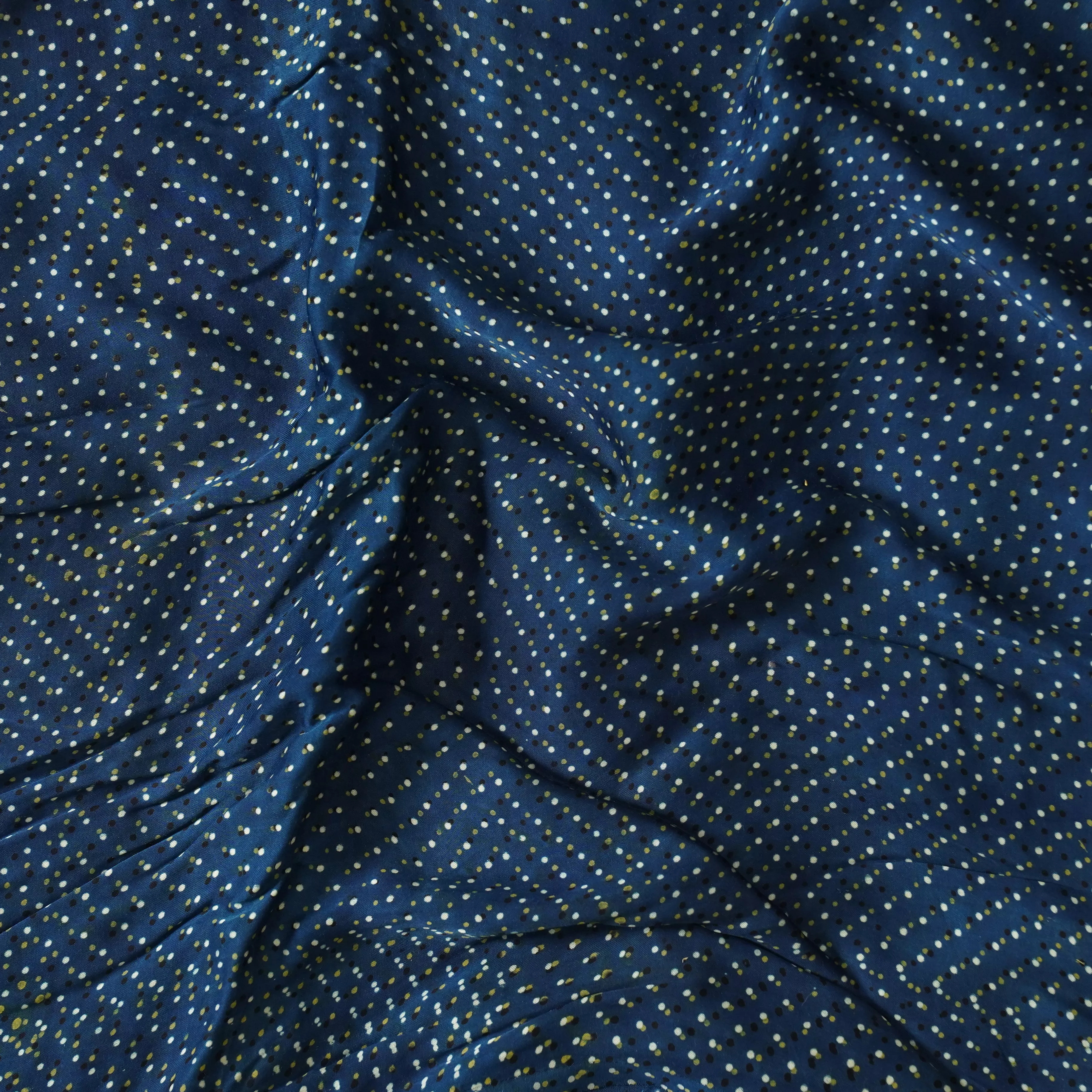 (PRE-CUT 1.80 METER) Modal Silk Blue With White And Green And Black Tiny DotsFabric