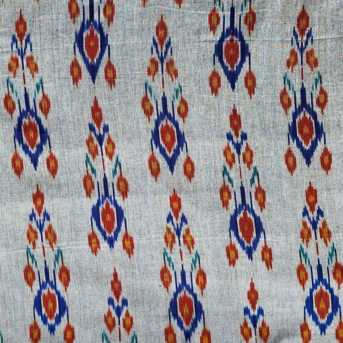 (Pre-Cut 1 Meter) Pure Cotton Special Double Ikkat Grey With Big Flower Plant Motif Hand Woven Fabric