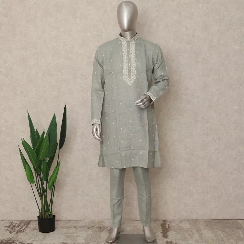 Sage Grey Floral Embroidered Linen Blend Kurta Pyjama Set for Men Regular Fit Mandarin Collar Elegant Festive Ethnic Wear Indian Origin – D29239
