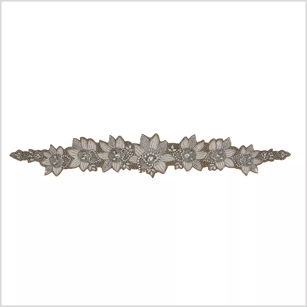 Silver/Ivory/Dark Beige Beaded Rhinestone Applique
